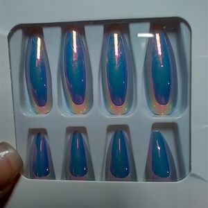 Press on nails blue metallic aurora set